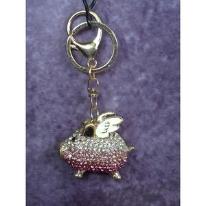 Flying Pig Rhinestone Keychain Gold Tone Pink Crystal Charm Bag Accessory